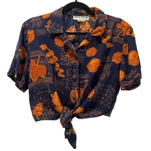 Vintage Sharon Anthony Women's Crop Top  8P Shirt Tie Front Navy Orange Boho